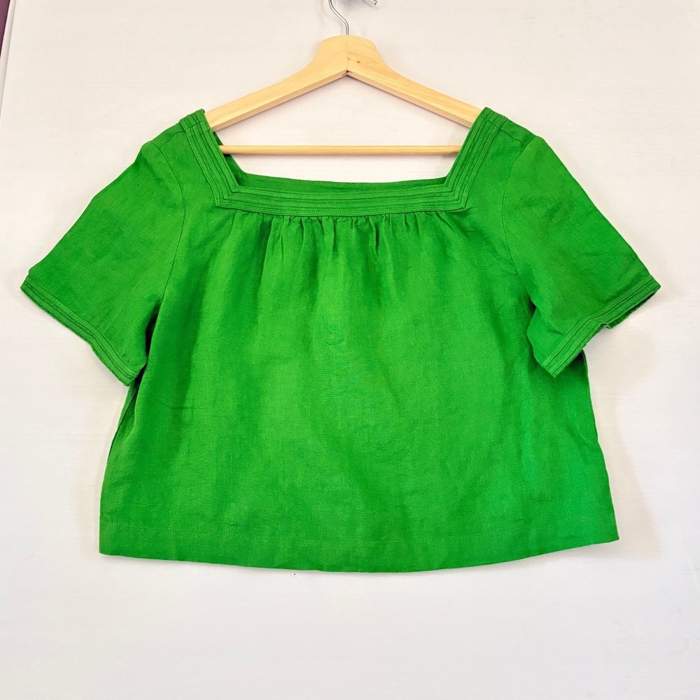 J.Crew Womens Green Linen‎ Square Neck Pintuck Short Sleeve Blouse Top XS New
